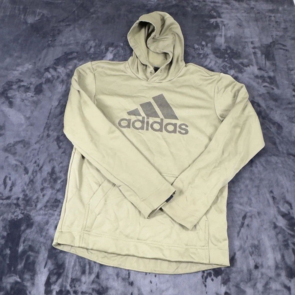 Adidas Hoodie Mens Small Tan AEROREADY Pullover Graphic Logo Sweatshirt